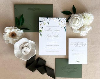 White Roses and Lush Green Leaves Wedding Invitation Package | Sage Olive | Garden Wedding | Letterpress Foil Stamp Digital/Flat Printing