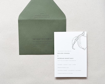 Citrus Invitation Design | Printed Envelope Addresses | Green Olive Sage Lemon Wedding Invitations | Semi-Custom