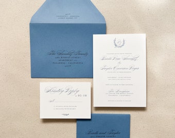 Romantic Soft Blue Wedding Invitation Suite with Monogram and Wreath | Blue Script Cursive Wedding Invites