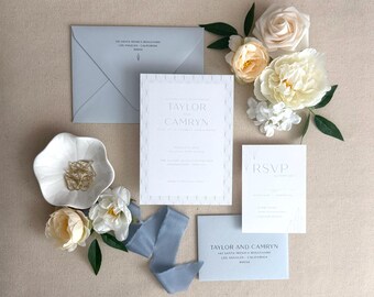 Light Blue Art Deco Design Wedding Invitations Package | Dusty Blue | Geometric Patterns | Letterpress Foil Stamp Digital/Flat Printing