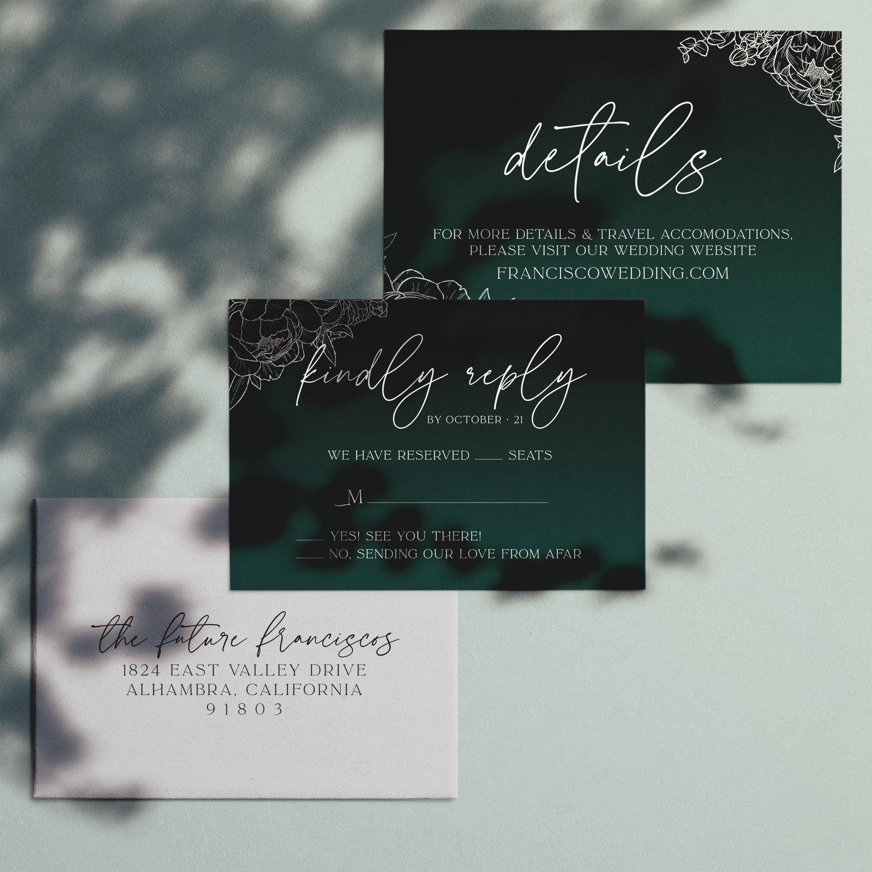 Wedding Invitation Suite / Emerald and Black Floral / Etsy