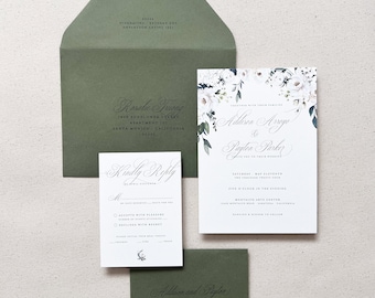 Romantic White Roses Garden Wedding Invitation Suite | Sage Olive Green Floral Wedding Invites