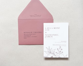 Boho Wildflower Wedding Invitation Envelope Printing | Dusty Rose Line Art Guest Addresses