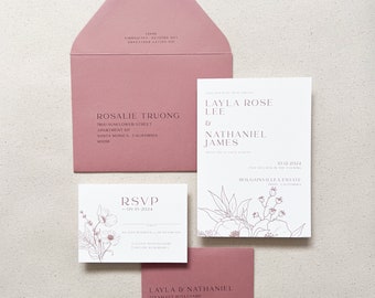 Boho Illustrated Wildflowers Wedding Invitation Suite | Dusty Rose Mauve Line Art Wedding Invites