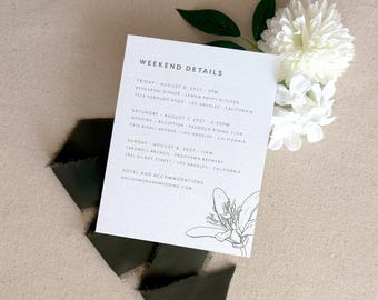 Modern Citrus Wedding Insert Rehearsal Details Card | Sage Olive Green | Lemon Leaves Artwork | Letterpress Foil Stamp Digital/Flat Printing