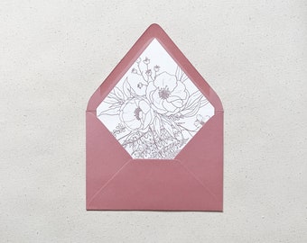 Boho Illustrated Wildflowers Wedding Envelope Liner Print | Dusty Rose Mauve Line Art for Envelope
