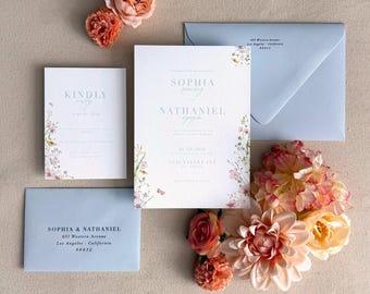 Pastel Wildflowers Butterflies Invitation Package | Light Blue | Whimsical Light Airy Wedding | Letterpress Foil Stamp Digital/Flat Printing