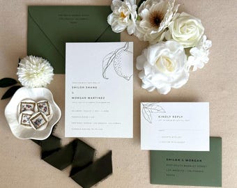 Modern Green Citrus Wedding Invitations Package | Sage Olive | Lemon Artwork | Letterpress Foil Stamp Digital/Flat Printing