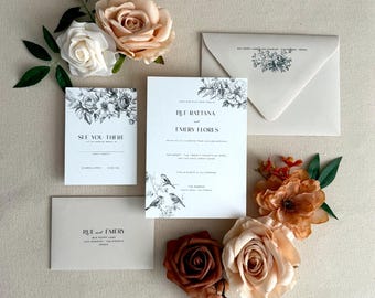 Baroque Florals and Birds Design Wedding Invitations Package | Neutral Colors | Modern | Letterpress Foil Stamp Digital/Flat Printing