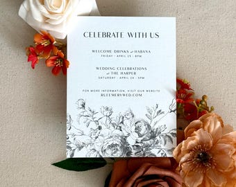 Baroque Florals and Birds Wedding Insert Rehearsal Details Card | Neutral Colors | Biege | Letterpress Foil Stamp Digital/Flat Printing