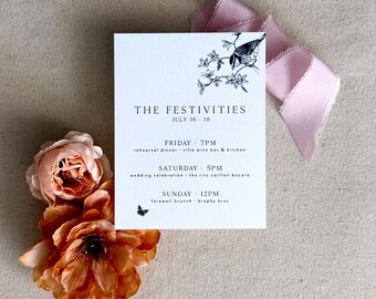 Dusty Rose Birds and Garden Wedding Insert Rehearsal Details Card | Blush Pink| Letterpress Foil Stamp Digital/Flat Printing