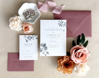 Dusty Rose Birds and Garden Wedding Invitations Package | Blush Pink | Letterpress Foil Stamp Digital/Flat Printing