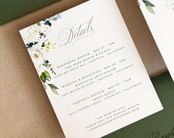 White Roses & Green Leaves Wedding Insert Rehearsal Details Card | Sage Olive Green Garden Wedding | Letterpress Foil Stamp Flat Printing