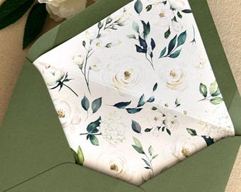 Watercolor White Roses and Greenery Leaves Artwork Wedding Envelope Liner | Garden Wedding | Digital/Flat Printing