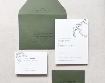 Citrus Theme Line Art Wedding Invitation Suite | Sage Olive Green Modern Summer Wedding Invites