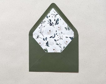 Romantic White Roses Garden Pattern Envelope Liner | Sage Olive Green Floral Print