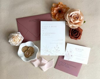 Dusty Rose Boho Wildflowers Design Wedding Invitations Package | Modern Design | Letterpress Foil Stamp Digital/Flat Printing