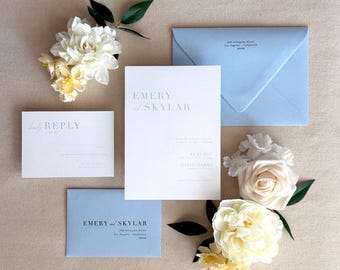 Light Blue Modern and Minimalism Wedding Invitations Package | Dusty Blue | Letterpress Foil Stamp Digital/Flat Printing