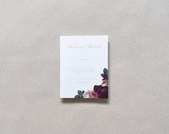 Elegant Maroon and Pink Roses Details Card | Dark Moody Blush Red Invitations | Welcome Rehearsal Dinner | Semi-Custom | Traditional Classic