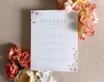 Pastel Wildflowers Butterflies Insert Rehearsal Details Card | Light Blue | Whimsical Wedding | Letterpress Foil Stamp Digital/Flat Printing