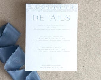 Art Deco Wedding Insert Rehearsal Details Card | Light Blue | Letterpress Foil Stamp Digital/Flat Printing