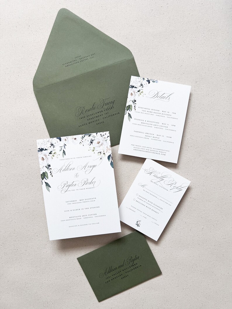 White Roses Garden Invitations Printed Envelope Addresses Sage Olive Green Outdoor Wedding Invitations image 2
