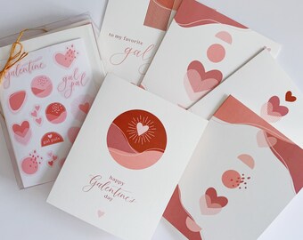 Galentine’s Day Theme Card Pack, 5 cards + 5 envelopes + 1 sticker sheet, A6 cards, 4.25 x 5.5 folded