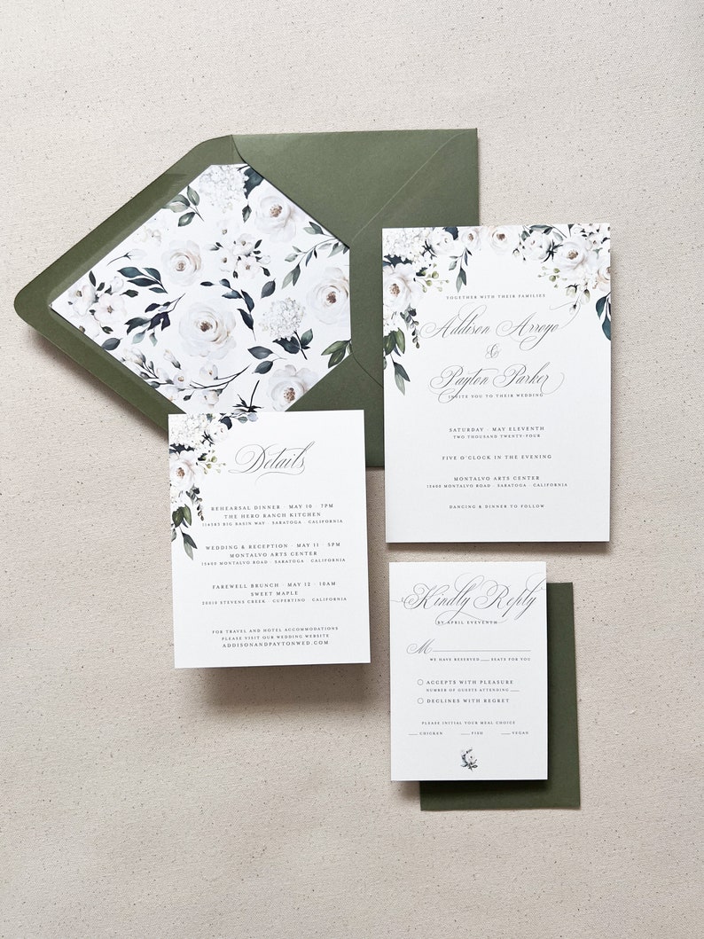 Weiße Rosen Garten Umschlag Liner Salbei Grün Olive Luxus Hochzeitseinladungen Semi-Custom Bild 3