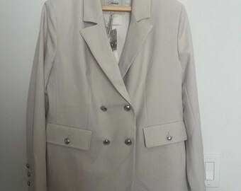 GUESS Women’s Double-Breasted Blazer Jacket Light Gray Stone Beige  Size L