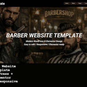 以下が含まれることがあります： 理髪店のウェブサイトテンプレート。画像には2人の理髪師が写っており、1人はかみそりを手にしています。画像内のテキストは「BARBER WEBSITE TEMPLATE」と書かれており、デザインと応答性に関する詳細が含まれています。