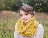 Chunky twisted cowl neck warmer Mustard yellow crochet loop scarf Womens winter cowl Woodland snood Ribbed texture soft cowl Olive green