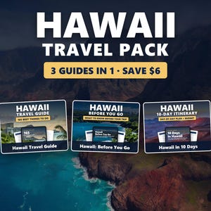 May include: A Hawaii travel pack featuring three digital guides: Hawaii Travel Guide, Hawaii Before You Go, and Hawaii 10-Day Itinerary. The text reads Hawaii Travel Pack, 3 Guides in 1, Save $6, 165 Best Things to Do, What to Know Before Your Trip, and Day-by-Day Plan + Budget.