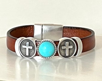 Leather Cross Bracelet, Leather Cuff Bracelet Women, 50th birthday Best Friend