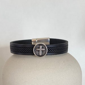 Cross Leather Bracelet, Men Cross Bracelet, 1 Year Anniversary Gift for Boyfriend image 2