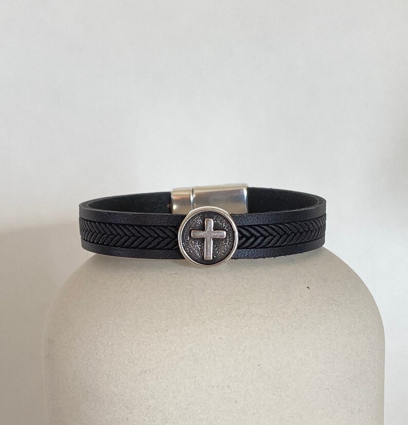 Cross Leather Bracelet, Men Cross Bracelet, 1 Year Anniversary Gift for Boyfriend image 2