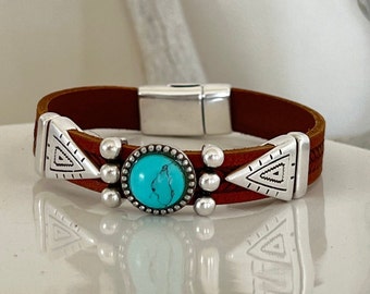 Leather Cuff Bracelets for Women, Leather Turquoise Bracelet, Gifts for Mom from Daughter, Mom Birthday Gift