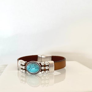 Leather Cuff Bracelets for Women, Turquoise Bracelet, 50th birthday gift for women, Gifts for Friend image 5