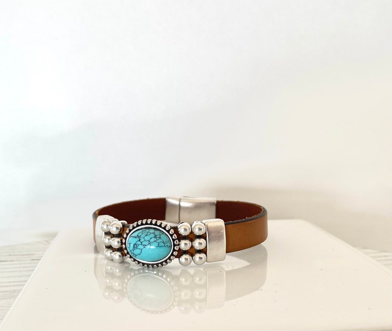 Leather Cuff Bracelets for Women, Turquoise Bracelet, 50th birthday gift for women, Gifts for Friend image 5