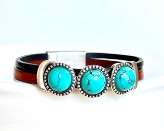 Leather Cuff Bracelets for Women, Turquoise Bracelet, 50th Birthday Gift for Friend