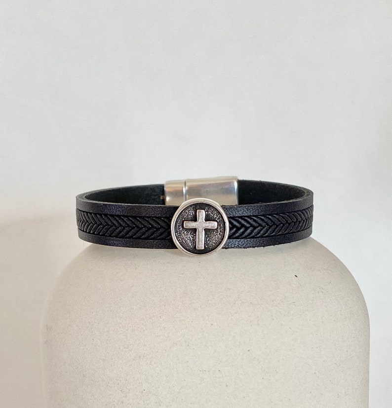 Cross Leather Bracelet, Men Cross Bracelet, 1 Year Anniversary Gift for Boyfriend image 3