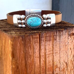 Leather Cuff Bracelets for Women, Turquoise Bracelet, 50th birthday gift for women, Gifts for Friend image 3