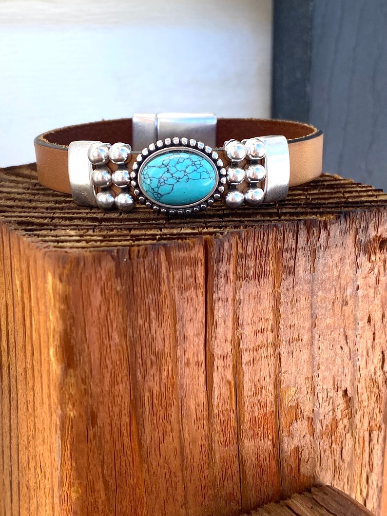 Leather Cuff Bracelets for Women, Turquoise Bracelet, 50th birthday gift for women, Gifts for Friend image 3