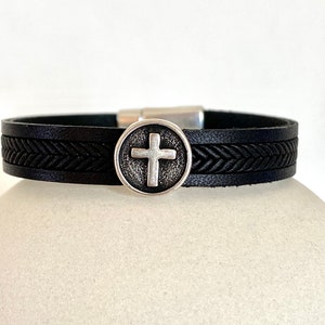 Cross Leather Bracelet, Men Cross Bracelet, 1 Year Anniversary Gift for Boyfriend image 1