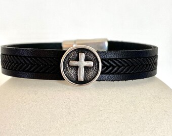 Cross Leather Bracelet, Men Cross Bracelet, 1 Year Anniversary Gift for Boyfriend