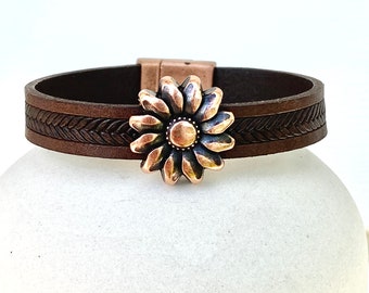 Sunflower Bracelet, Leather Cuff Bracelets for Women, Thank You Gift for Friend