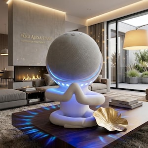Può includere: Un moderno supporto Yogi Alexa bianco con un altoparlante grigio. Il supporto ha un design unico con una luce blu brillante e un accento di foglia d'oro sul tavolo di legno. Il testo sul muro recita "Yogi Alexa Stand, Harmonize Your Space."