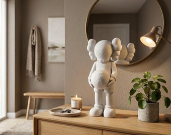 Matte White Pop Art Sculpture with World, Modern Home Decor Statue, Entrance and Living Room Decoration, Contemporary Design Gift, Urban Art