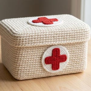 Puede incluir: Una caja de primeros auxilios de ganchillo, de forma rectangular, de color beige, con una cruz roja en la tapa y en la parte delantera. La caja está colocada sobre una superficie de madera.