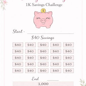 May include: A savings challenge chart with the text "Savvy Planning 1K Savings Challenge." The chart features a pink piggy bank graphic and boxes labeled "$40 Savings." The bottom reads "Make your cents make sense."