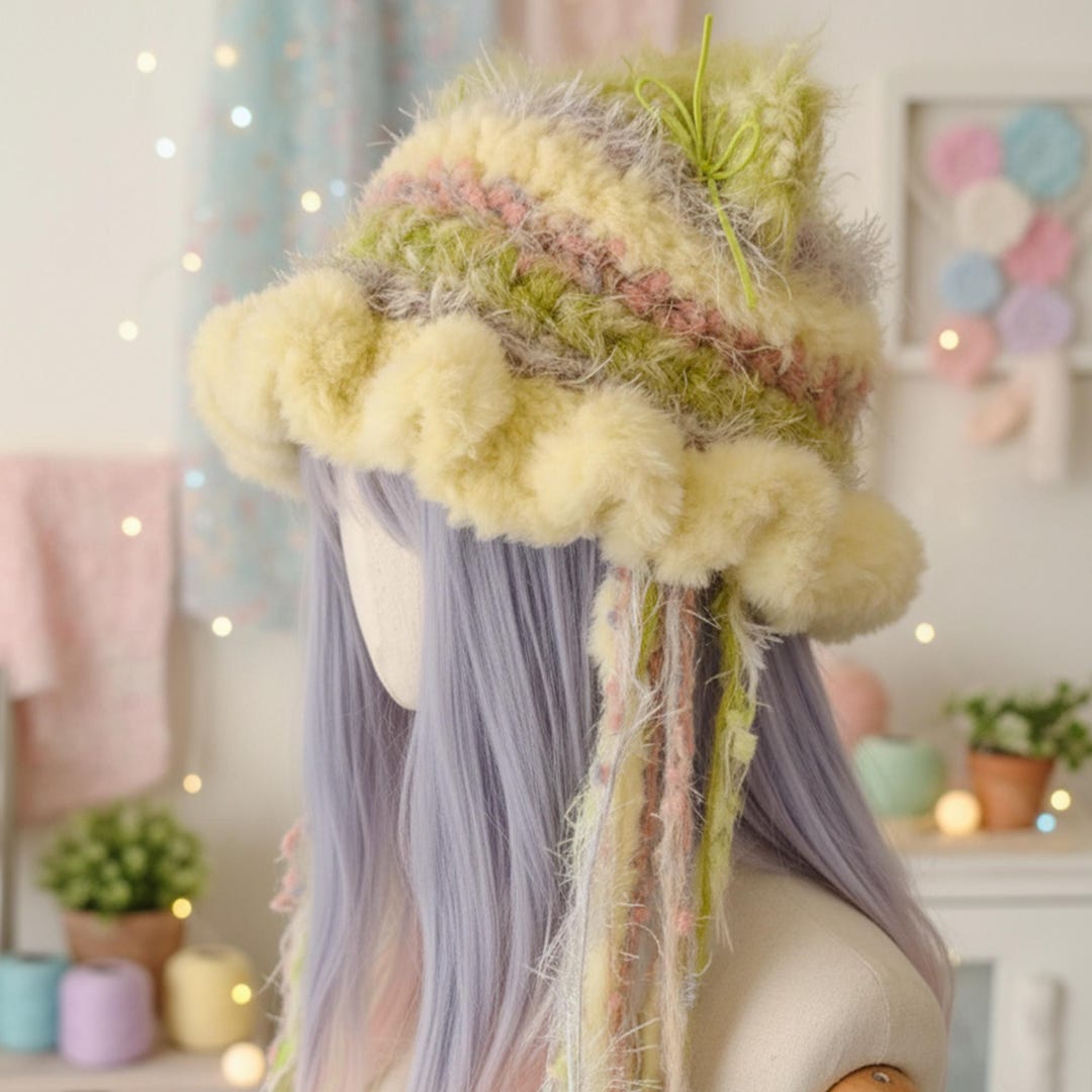  Crochet Bucket Hat: Fuzzy Moss Goblincore Beanie With Pom Poms - Etsy 